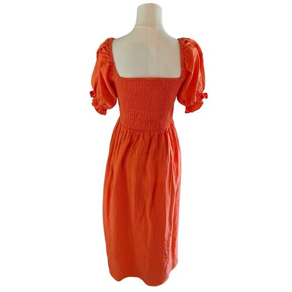 Seven Wonders Orange Puff Sleeve Smocked Cotton Milkmaid Midi Dress M Cottagecor - Picture 2 of 9
